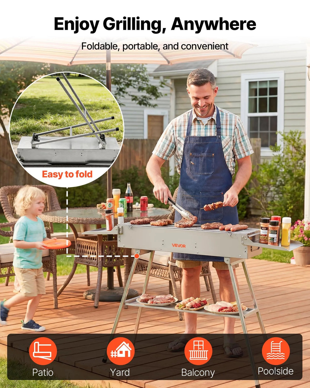 VEVOR salokāms kokogļu grils 0,16 m² ar paceļamu kokogļu paplāti un sānu galdiņiem, nerūsējošā tērauda BBQ grils kempingam un āra pasākumiem - ZEMLETES.LV