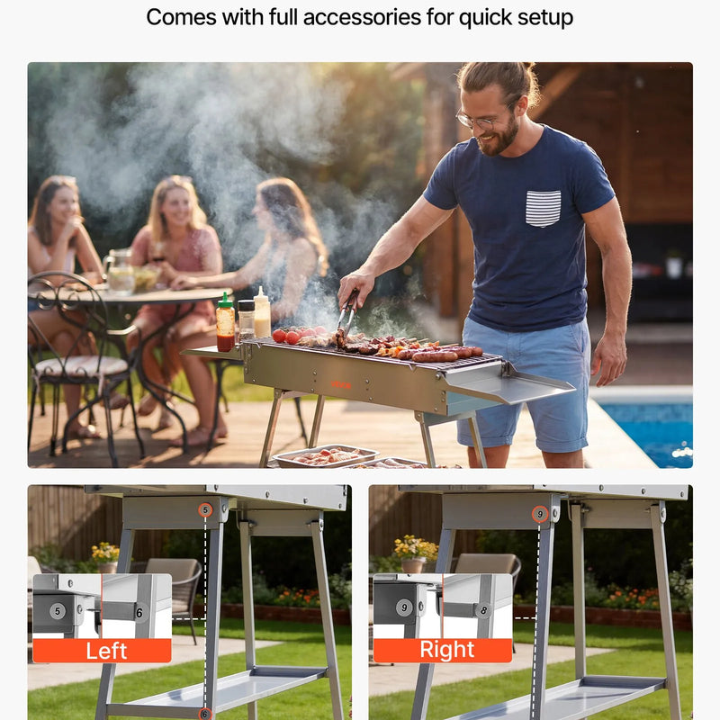 VEVOR salokāms kokogļu grils 0,16 m² ar paceļamu kokogļu paplāti un sānu galdiņiem, nerūsējošā tērauda BBQ grils kempingam un āra pasākumiem - ZEMLETES.LV