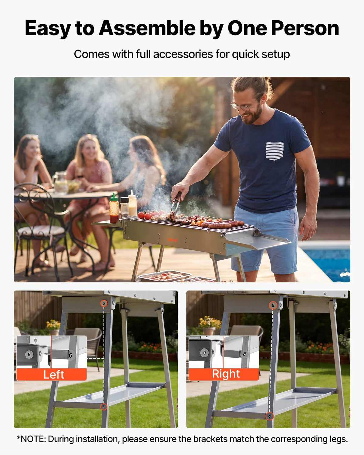 VEVOR salokāms kokogļu grils 0,16 m² ar paceļamu kokogļu paplāti un sānu galdiņiem, nerūsējošā tērauda BBQ grils kempingam un āra pasākumiem - ZEMLETES.LV