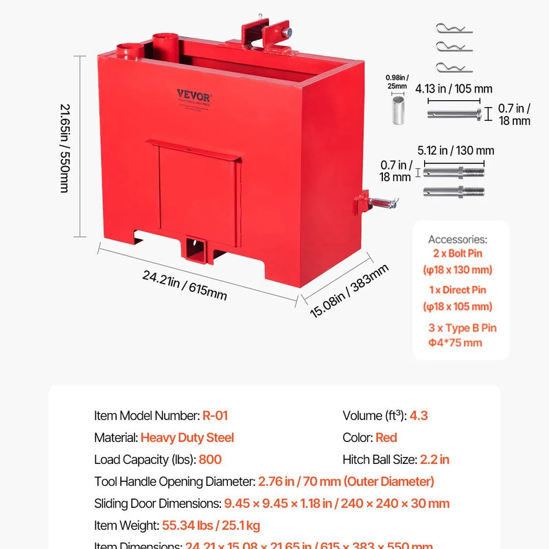 Balasta kaste 3 punktu 1. kategorijas traktoram ar ātro uzkabi, pretatsvars, sarkana