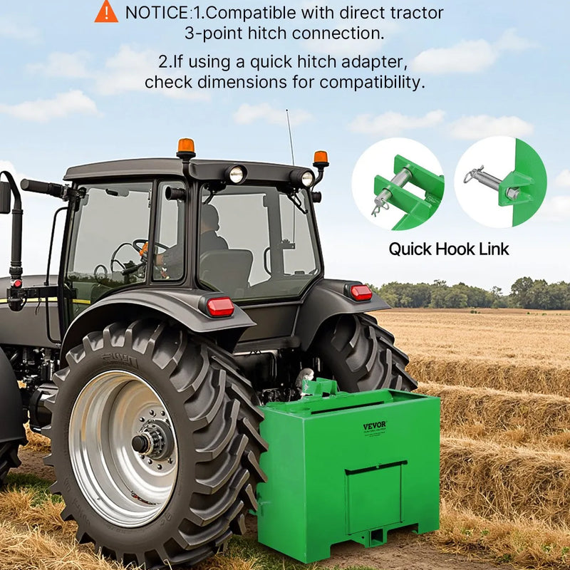 Balasta kaste traktoram, 3 punktu kategorija 1, Easy Tach stiprinājums, pretatsvars, zaļa