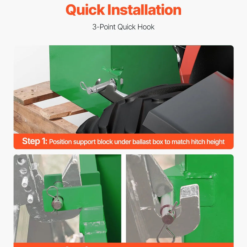 Balasta kaste traktoram, 3 punktu kategorija 1, Easy Tach stiprinājums, pretatsvars, zaļa