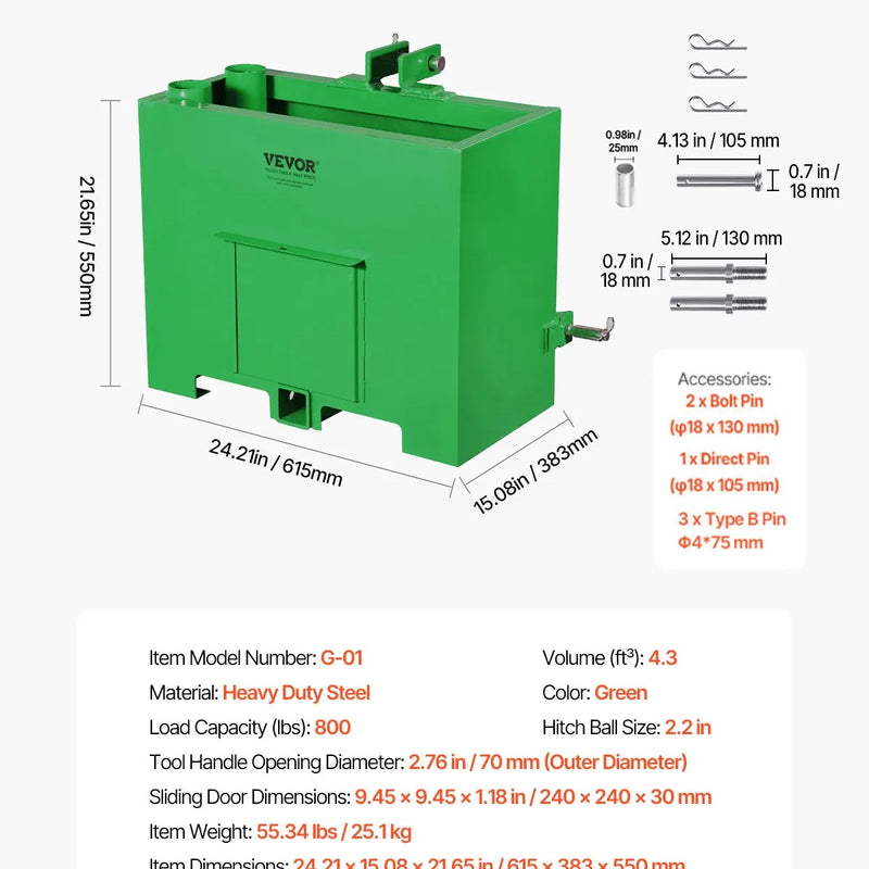 Balasta kaste traktoram, 3 punktu kategorija 1, Easy Tach stiprinājums, pretatsvars, zaļa