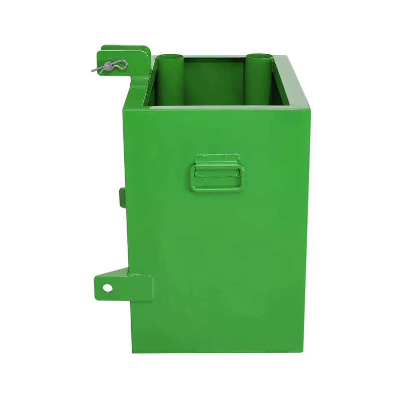 Balasta kaste traktoram, 3 punktu kategorija 1, 363 kg celtspēja, 50 mm uzmava, 0,14 m³ tilpums, smagā tērauda konstrukcija, zaļa