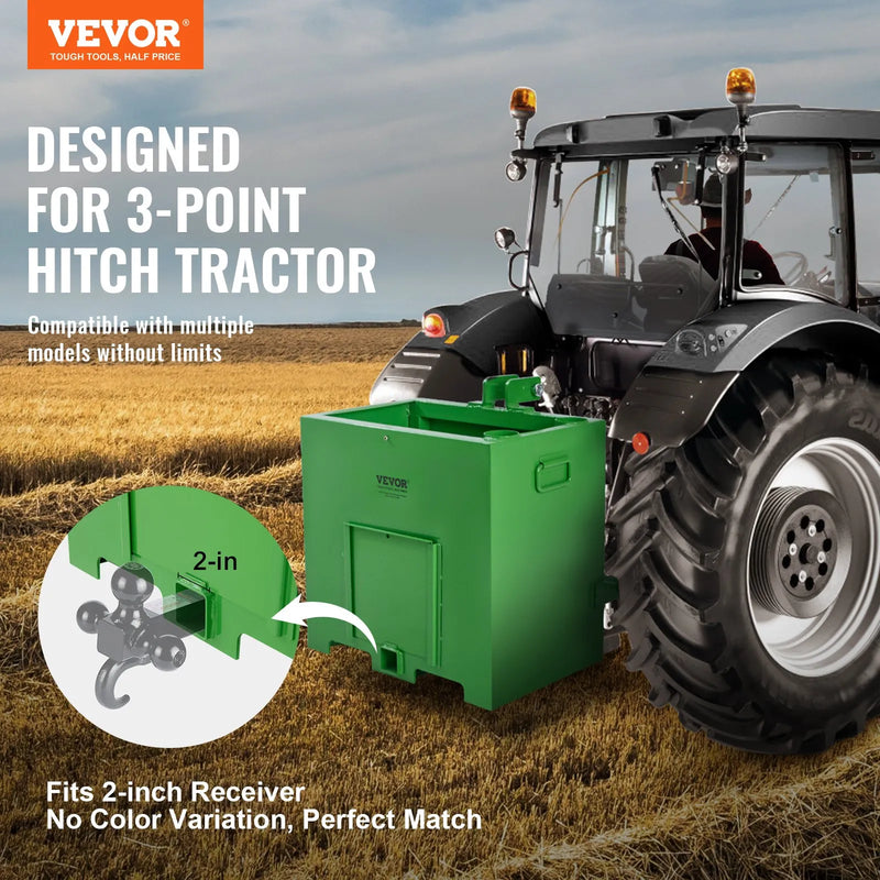 Balasta kaste traktoram, 3 punktu kategorija 1, 363 kg celtspēja, 50 mm uzmava, 0,14 m³ tilpums, smagā tērauda konstrukcija, zaļa