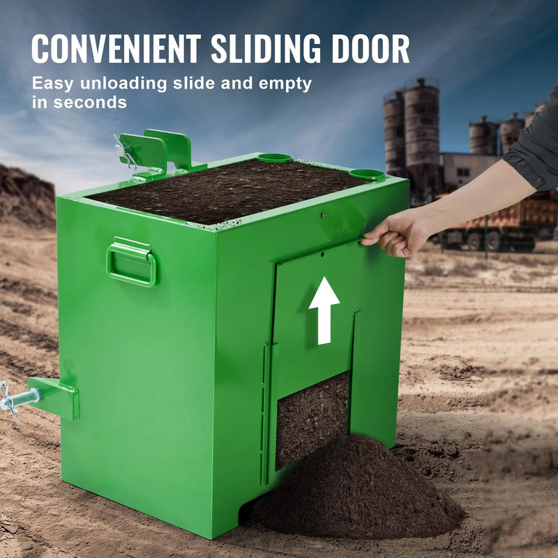 Balasta kaste traktoram, 3 punktu kategorija 1, 363 kg celtspēja, 50 mm uzmava, 0,14 m³ tilpums, smagā tērauda konstrukcija, zaļa