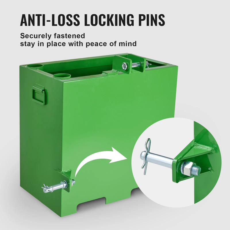 Balasta kaste traktoram, 3 punktu kategorija 1, 363 kg celtspēja, 50 mm uzmava, 0,14 m³ tilpums, smagā tērauda konstrukcija, zaļa