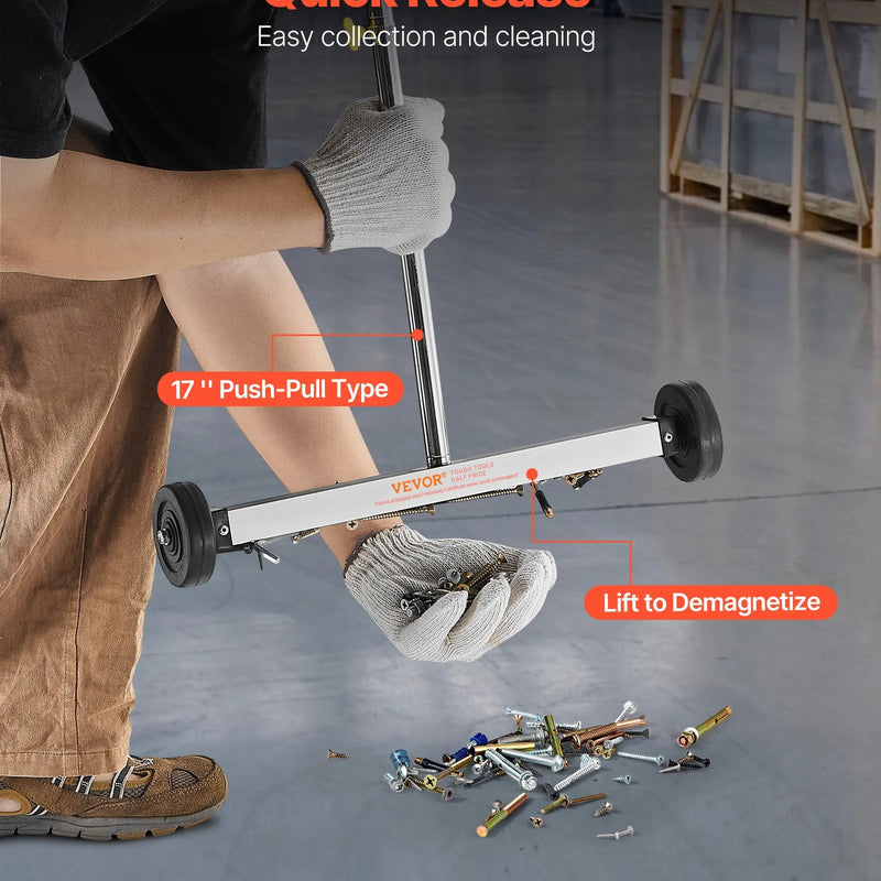 VEVOR magnētiskais savācējs ar riteņiem 43 cm, kravnesība 4,5 kg, viegls magnētiskais savākšanas rīks ar regulējamu rokturi naglu un skrūvju savākšanai garāžās un jumtu darbos