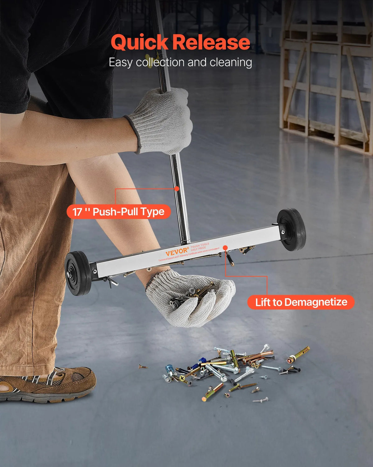 VEVOR Magnetic Sweeper with Wheels 43 cm, 4.5 kg Capacity, Lightweight Magnetic Pickup Tool with Adjustable Handle for Collecting Nails and Screws in Garages and Roof Work