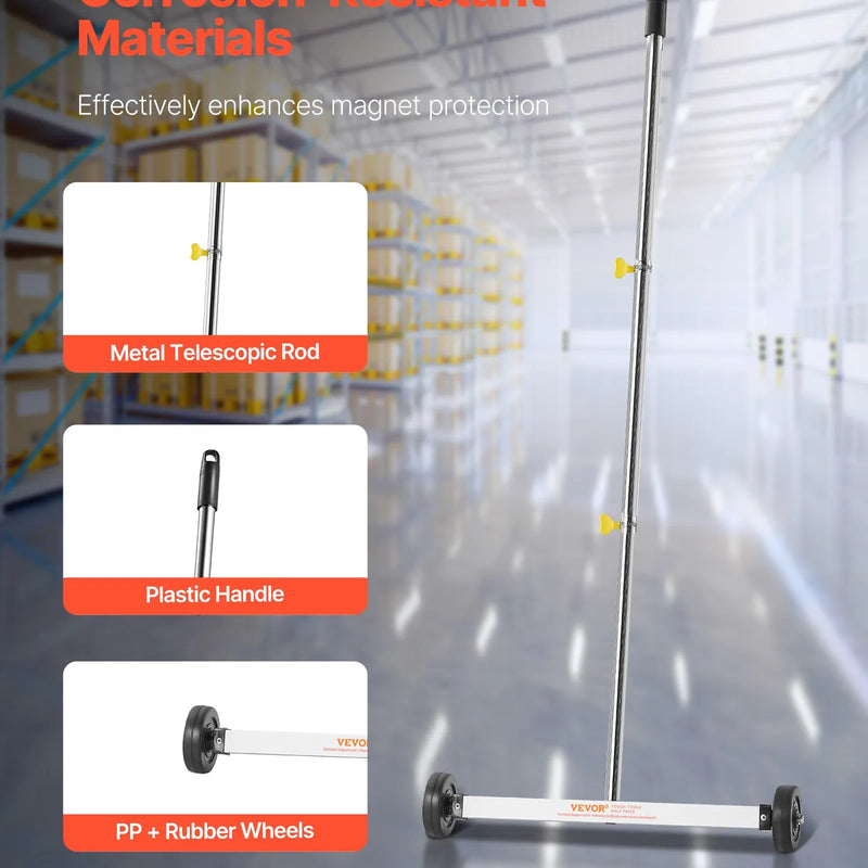 VEVOR magnētiskais savācējs ar riteņiem 43 cm, kravnesība 4,5 kg, viegls magnētiskais savākšanas rīks ar regulējamu rokturi naglu un skrūvju savākšanai garāžās un jumtu darbos