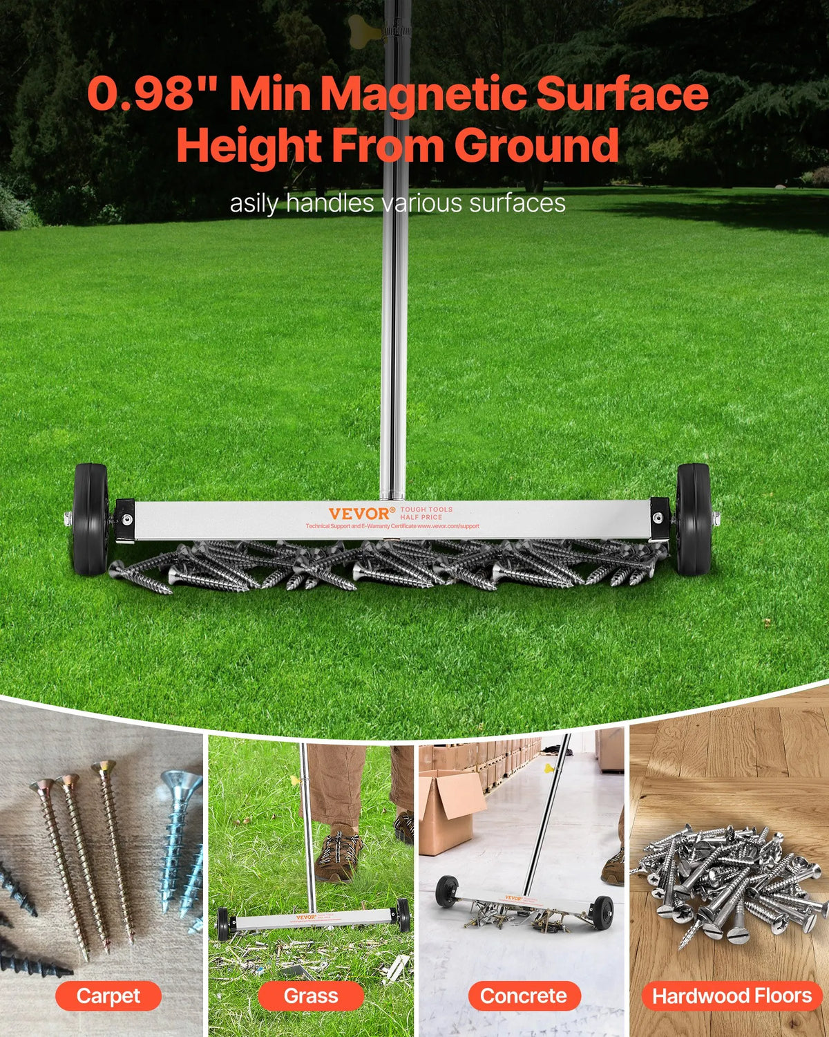 VEVOR Magnetic Sweeper with Wheels 43 cm, 4.5 kg Capacity, Lightweight Magnetic Pickup Tool with Adjustable Handle for Collecting Nails and Screws in Garages and Roof Work