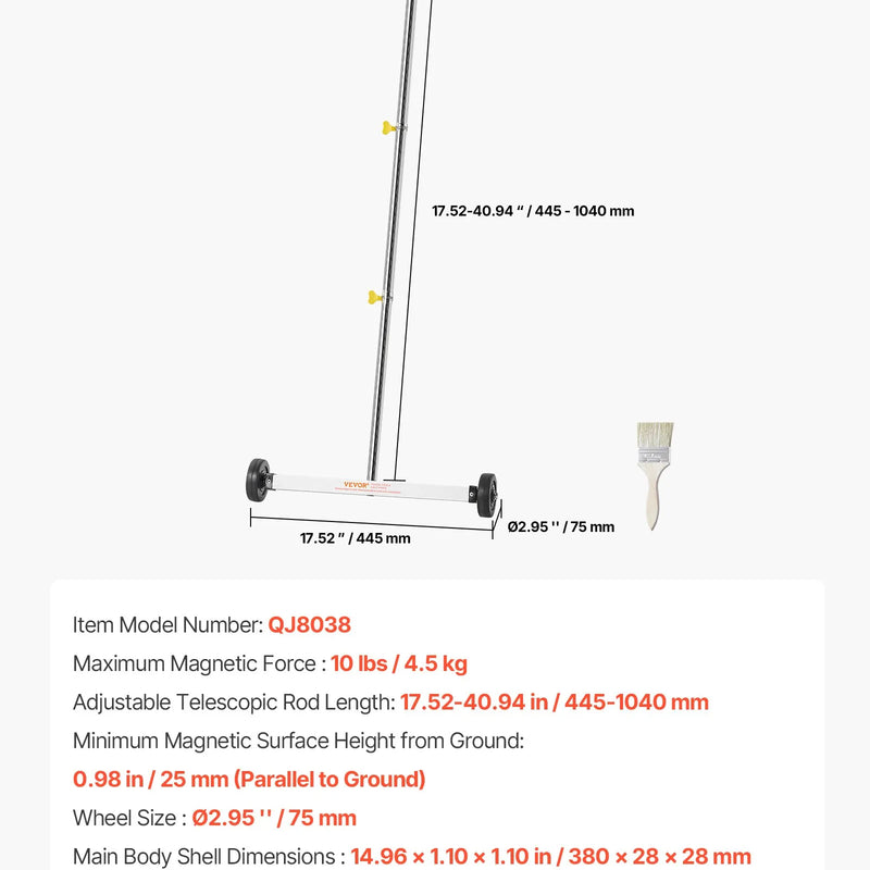 VEVOR magnētiskais savācējs ar riteņiem 43 cm, kravnesība 4,5 kg, viegls magnētiskais savākšanas rīks ar regulējamu rokturi naglu un skrūvju savākšanai garāžās un jumtu darbos