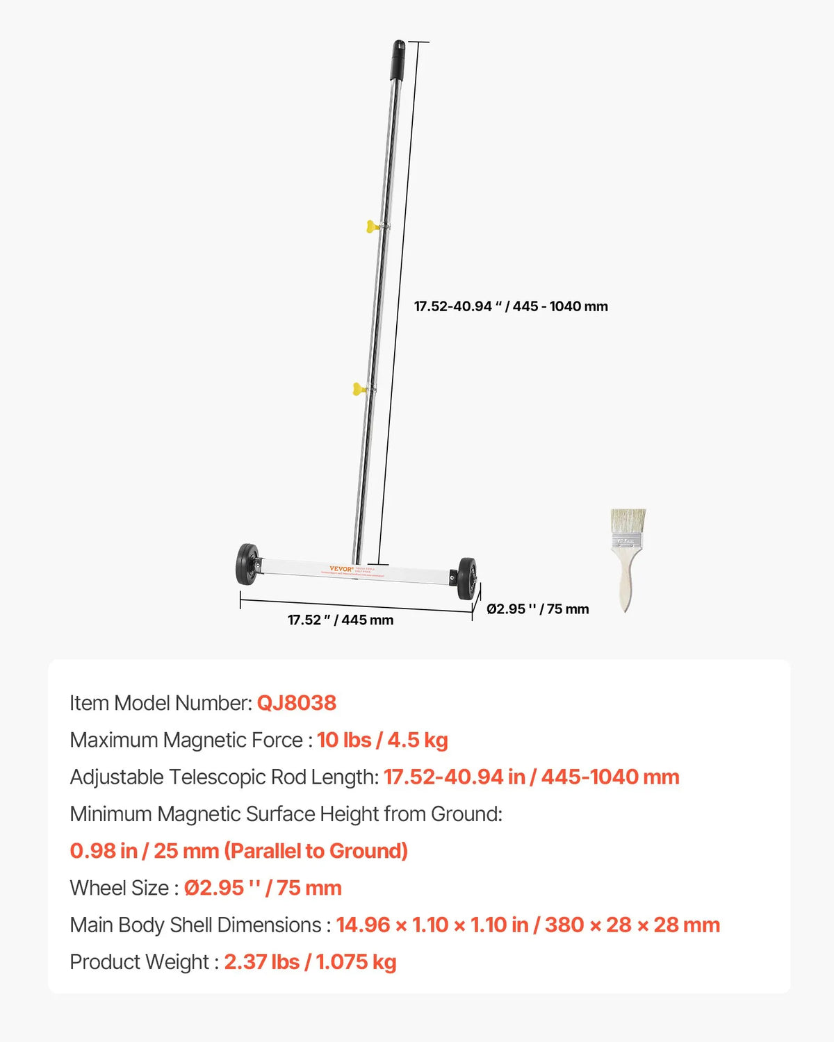 VEVOR Magnetic Sweeper with Wheels 43 cm, 4.5 kg Capacity, Lightweight Magnetic Pickup Tool with Adjustable Handle for Collecting Nails and Screws in Garages and Roof Work
