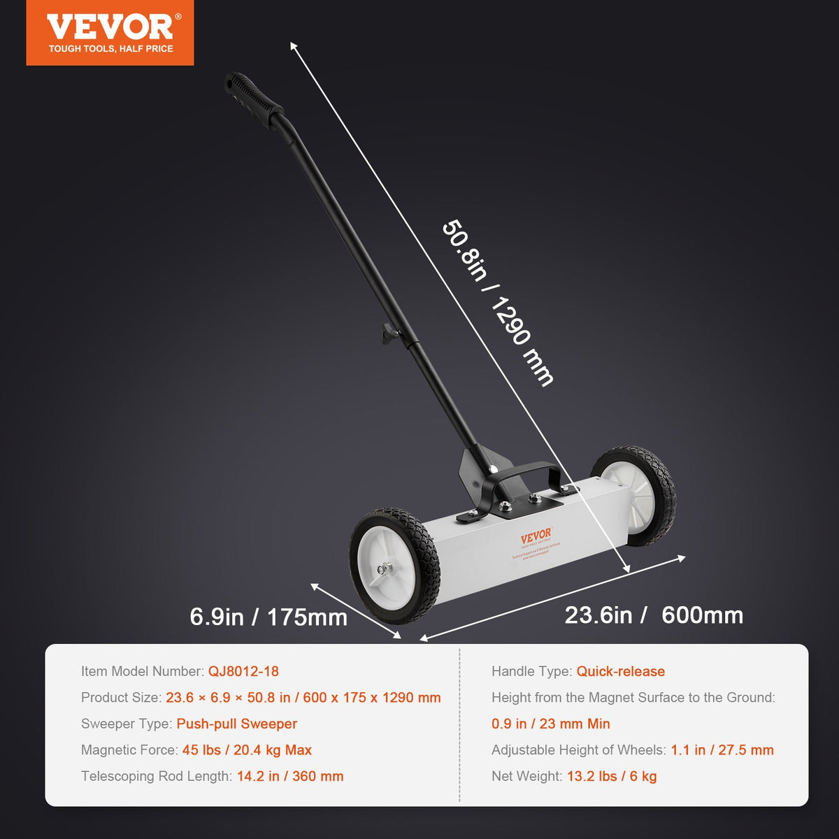 VEVOR 20 kg ritošais magnētiskais savācējs ar riteņiem, 46 cm platums, teleskopisks rokturis