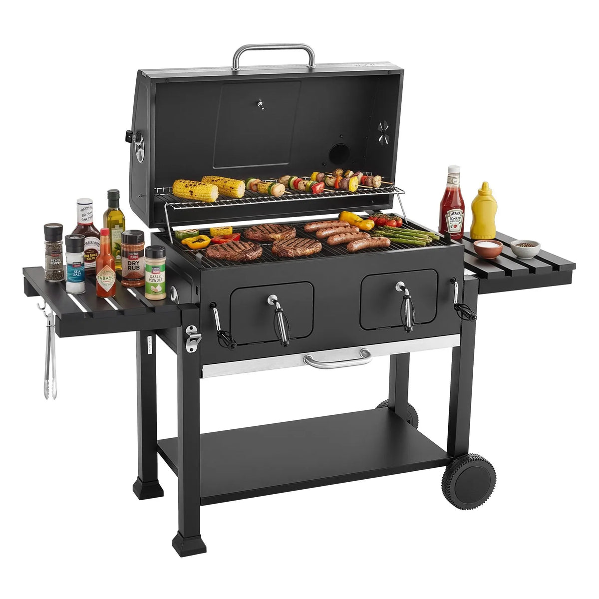 VEVOR kokogļu grils 0,5 m² ar 2 paceļamām kokogļu paplātēm un salokāmiem sānu galdiņiem, tērauda BBQ grils ar karstumizturīgu pulverkrāsas pārklājumu dārzam un terasei - ZEMLETES.LV