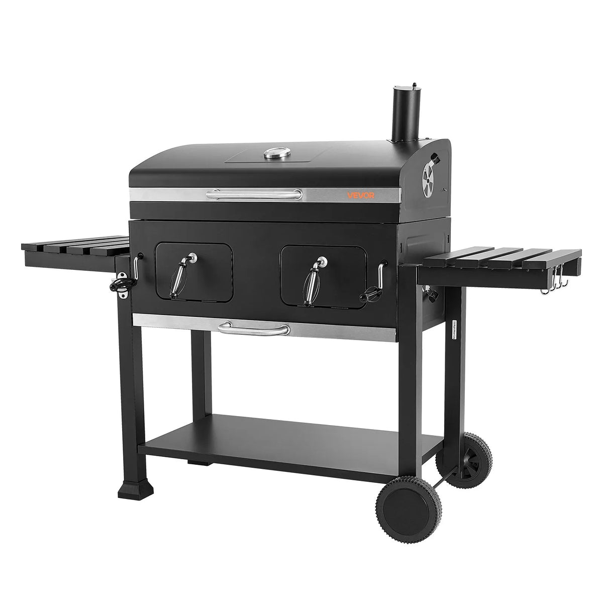 VEVOR kokogļu grils 0,5 m² ar 2 paceļamām kokogļu paplātēm un salokāmiem sānu galdiņiem, tērauda BBQ grils ar karstumizturīgu pulverkrāsas pārklājumu dārzam un terasei - ZEMLETES.LV