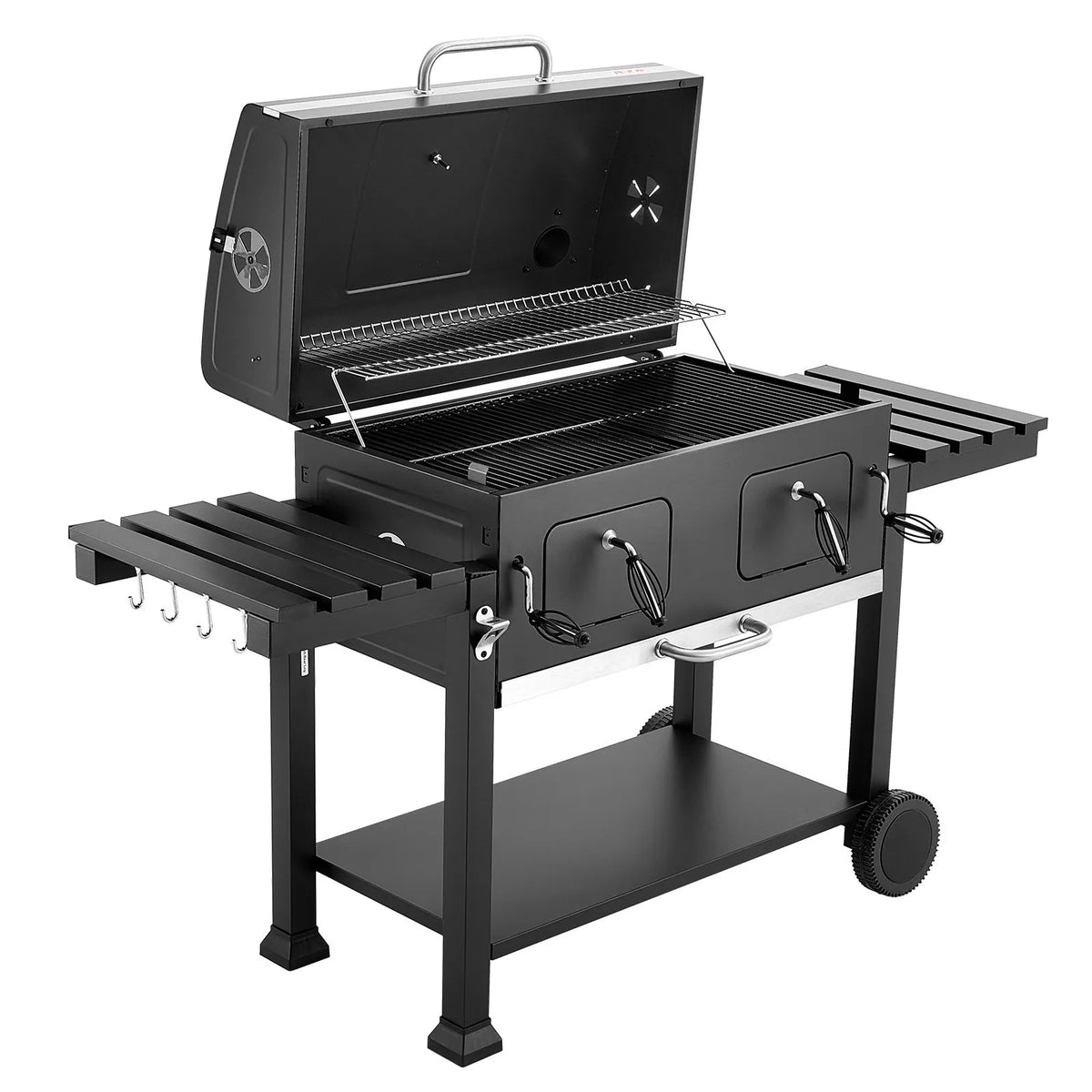 VEVOR kokogļu grils 0,5 m² ar 2 paceļamām kokogļu paplātēm un salokāmiem sānu galdiņiem, tērauda BBQ grils ar karstumizturīgu pulverkrāsas pārklājumu dārzam un terasei - ZEMLETES.LV