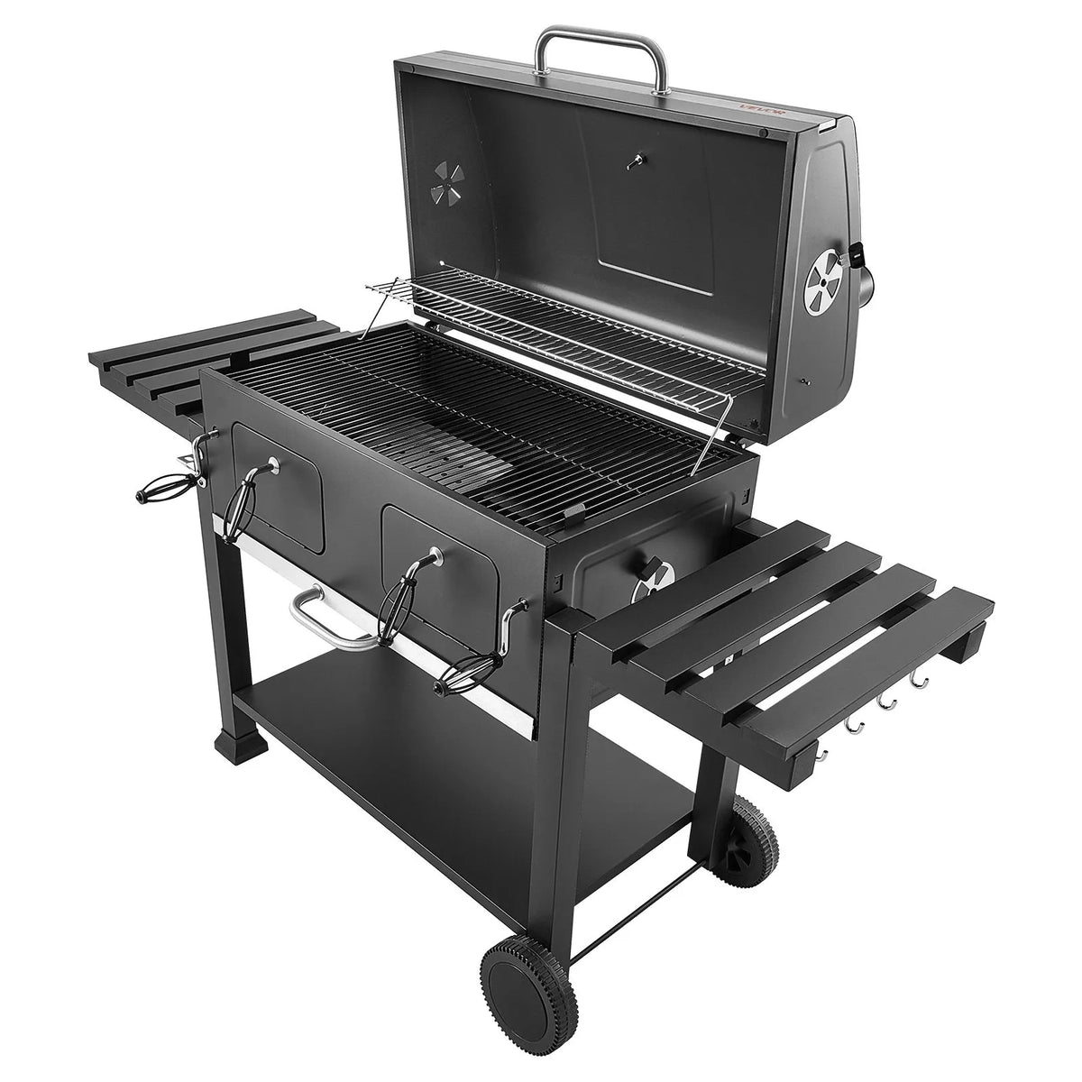 VEVOR kokogļu grils 0,5 m² ar 2 paceļamām kokogļu paplātēm un salokāmiem sānu galdiņiem, tērauda BBQ grils ar karstumizturīgu pulverkrāsas pārklājumu dārzam un terasei - ZEMLETES.LV