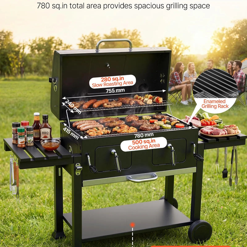 VEVOR kokogļu grils 0,5 m² ar 2 paceļamām kokogļu paplātēm un salokāmiem sānu galdiņiem, tērauda BBQ grils ar karstumizturīgu pulverkrāsas pārklājumu dārzam un terasei - ZEMLETES.LV