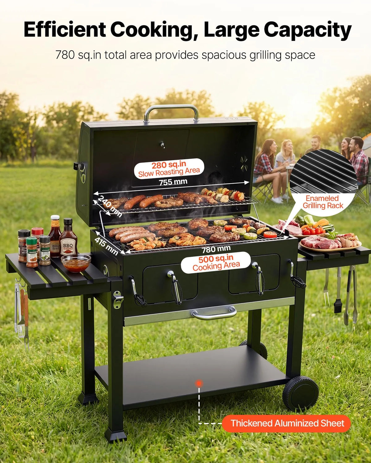 VEVOR kokogļu grils 0,5 m² ar 2 paceļamām kokogļu paplātēm un salokāmiem sānu galdiņiem, tērauda BBQ grils ar karstumizturīgu pulverkrāsas pārklājumu dārzam un terasei - ZEMLETES.LV