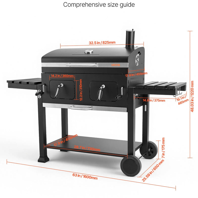 VEVOR kokogļu grils 0,5 m² ar 2 paceļamām kokogļu paplātēm un salokāmiem sānu galdiņiem, tērauda BBQ grils ar karstumizturīgu pulverkrāsas pārklājumu dārzam un terasei - ZEMLETES.LV