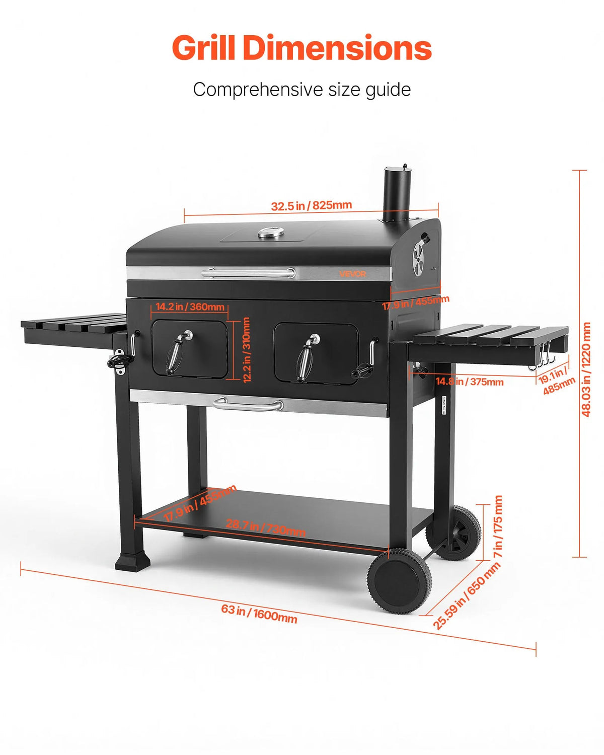 VEVOR kokogļu grils 0,5 m² ar 2 paceļamām kokogļu paplātēm un salokāmiem sānu galdiņiem, tērauda BBQ grils ar karstumizturīgu pulverkrāsas pārklājumu dārzam un terasei - ZEMLETES.LV