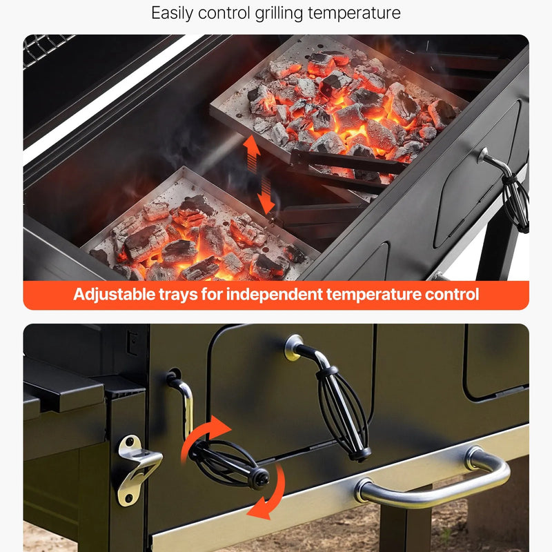 VEVOR kokogļu grils 0,5 m² ar 2 paceļamām kokogļu paplātēm un salokāmiem sānu galdiņiem, tērauda BBQ grils ar karstumizturīgu pulverkrāsas pārklājumu dārzam un terasei - ZEMLETES.LV