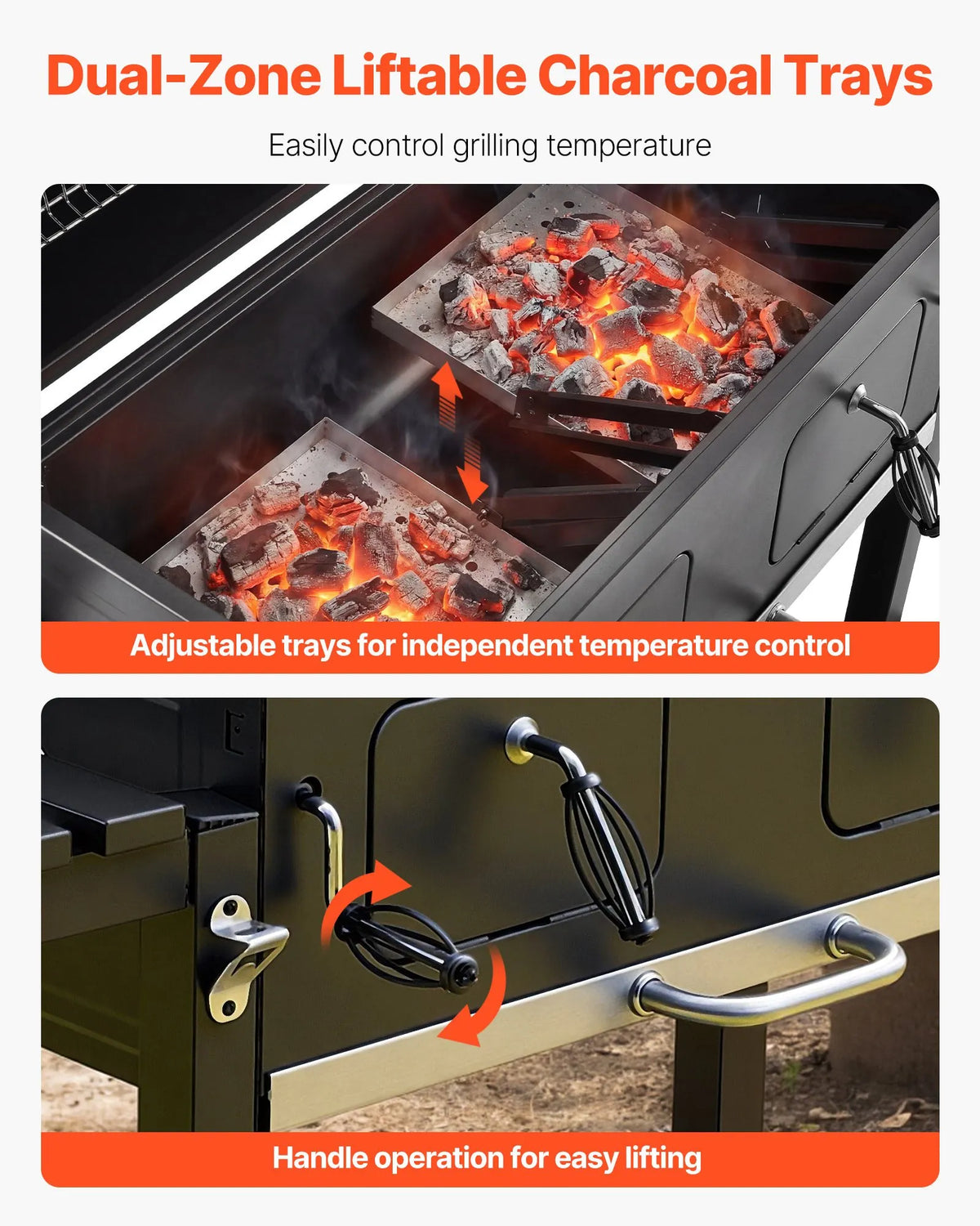 VEVOR kokogļu grils 0,5 m² ar 2 paceļamām kokogļu paplātēm un salokāmiem sānu galdiņiem, tērauda BBQ grils ar karstumizturīgu pulverkrāsas pārklājumu dārzam un terasei - ZEMLETES.LV