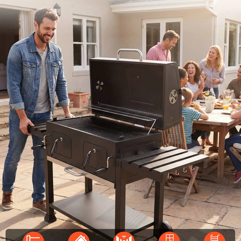 VEVOR kokogļu grils 0,5 m² ar 2 paceļamām kokogļu paplātēm un salokāmiem sānu galdiņiem, tērauda BBQ grils ar karstumizturīgu pulverkrāsas pārklājumu dārzam un terasei - ZEMLETES.LV