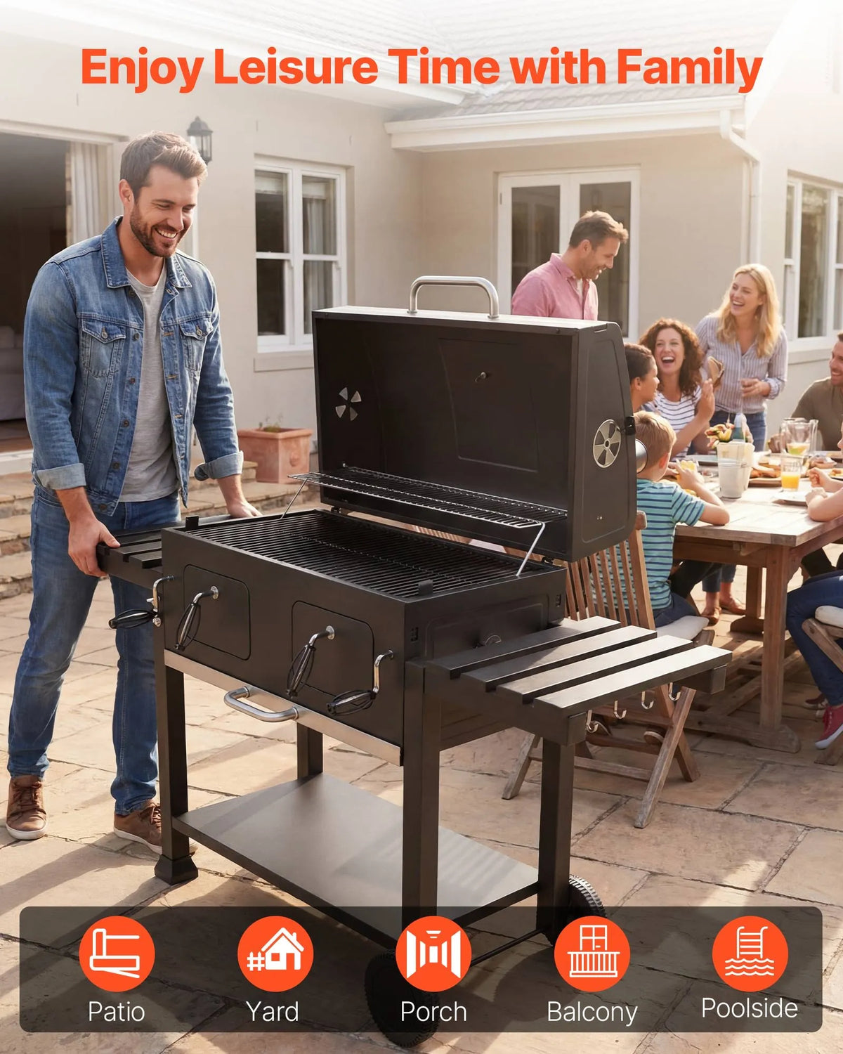 VEVOR kokogļu grils 0,5 m² ar 2 paceļamām kokogļu paplātēm un salokāmiem sānu galdiņiem, tērauda BBQ grils ar karstumizturīgu pulverkrāsas pārklājumu dārzam un terasei - ZEMLETES.LV