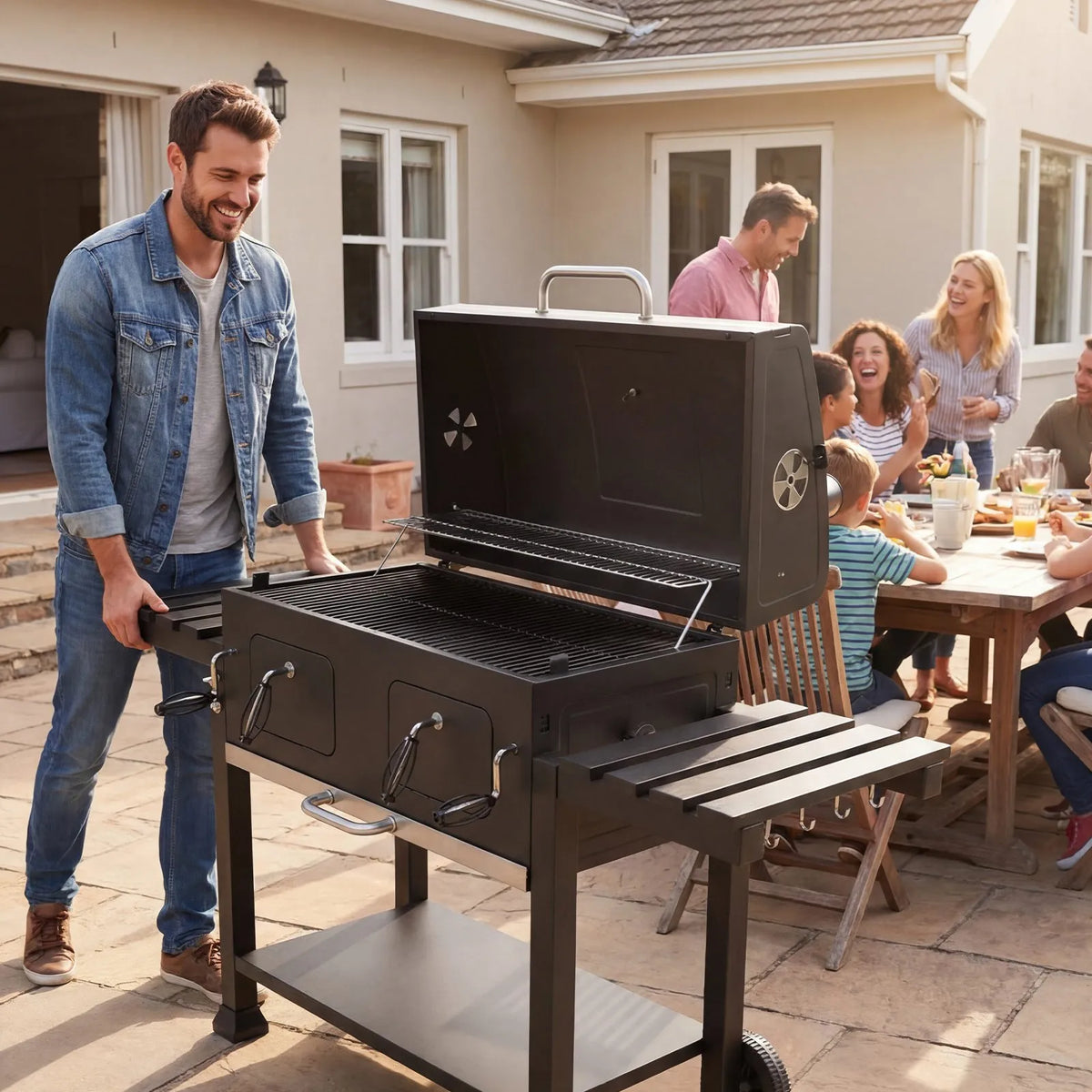 VEVOR kokogļu grils 0,5 m² ar 2 paceļamām kokogļu paplātēm un salokāmiem sānu galdiņiem, tērauda BBQ grils ar karstumizturīgu pulverkrāsas pārklājumu dārzam un terasei - ZEMLETES.LV