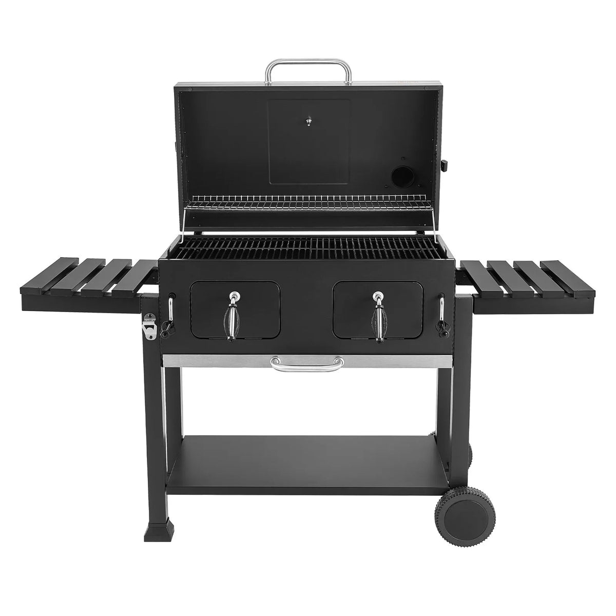 VEVOR kokogļu grils 0,5 m² ar 2 paceļamām kokogļu paplātēm un salokāmiem sānu galdiņiem, tērauda BBQ grils ar karstumizturīgu pulverkrāsas pārklājumu dārzam un terasei - ZEMLETES.LV