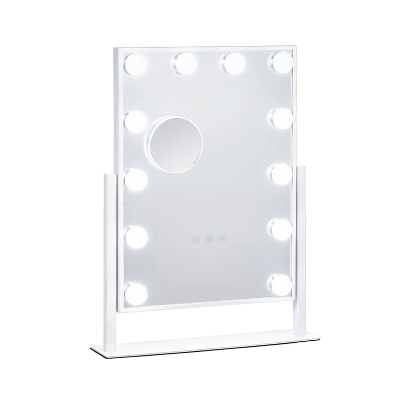 VEVOR Holivudas grima spogulis ar apgaismojumu, 12 regulējamām spuldzēm un 3 gaismas režīmiem, ar noņemamu 5× palielinājumu, skārienvadību un 360° rotāciju (41 × 30 cm, balts)