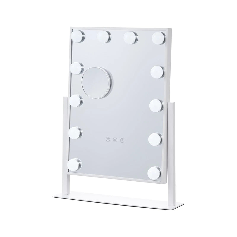 VEVOR Holivudas grima spogulis ar apgaismojumu, 12 regulējamām spuldzēm un 3 gaismas režīmiem, ar noņemamu 5× palielinājumu, skārienvadību un 360° rotāciju (41 × 30 cm, balts)