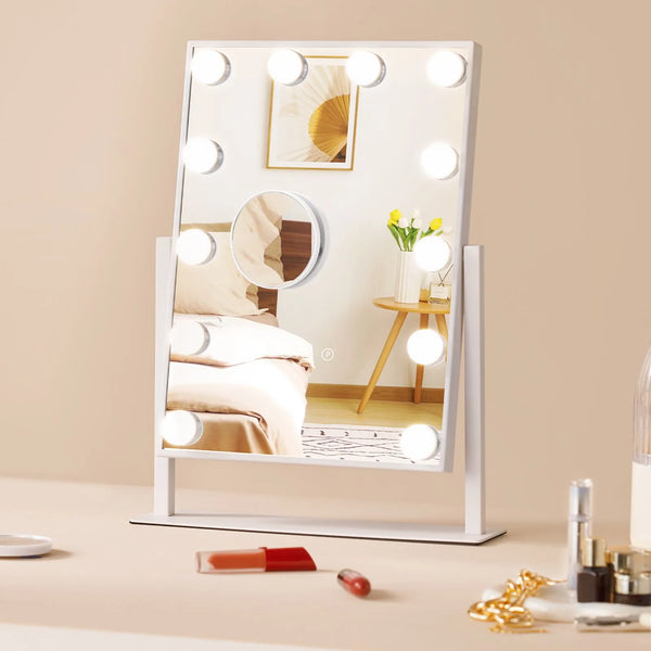 VEVOR Holivudas grima spogulis ar apgaismojumu, 12 regulējamām spuldzēm un 3 gaismas režīmiem, ar noņemamu 5× palielinājumu, skārienvadību un 360° rotāciju (41 × 30 cm, balts)