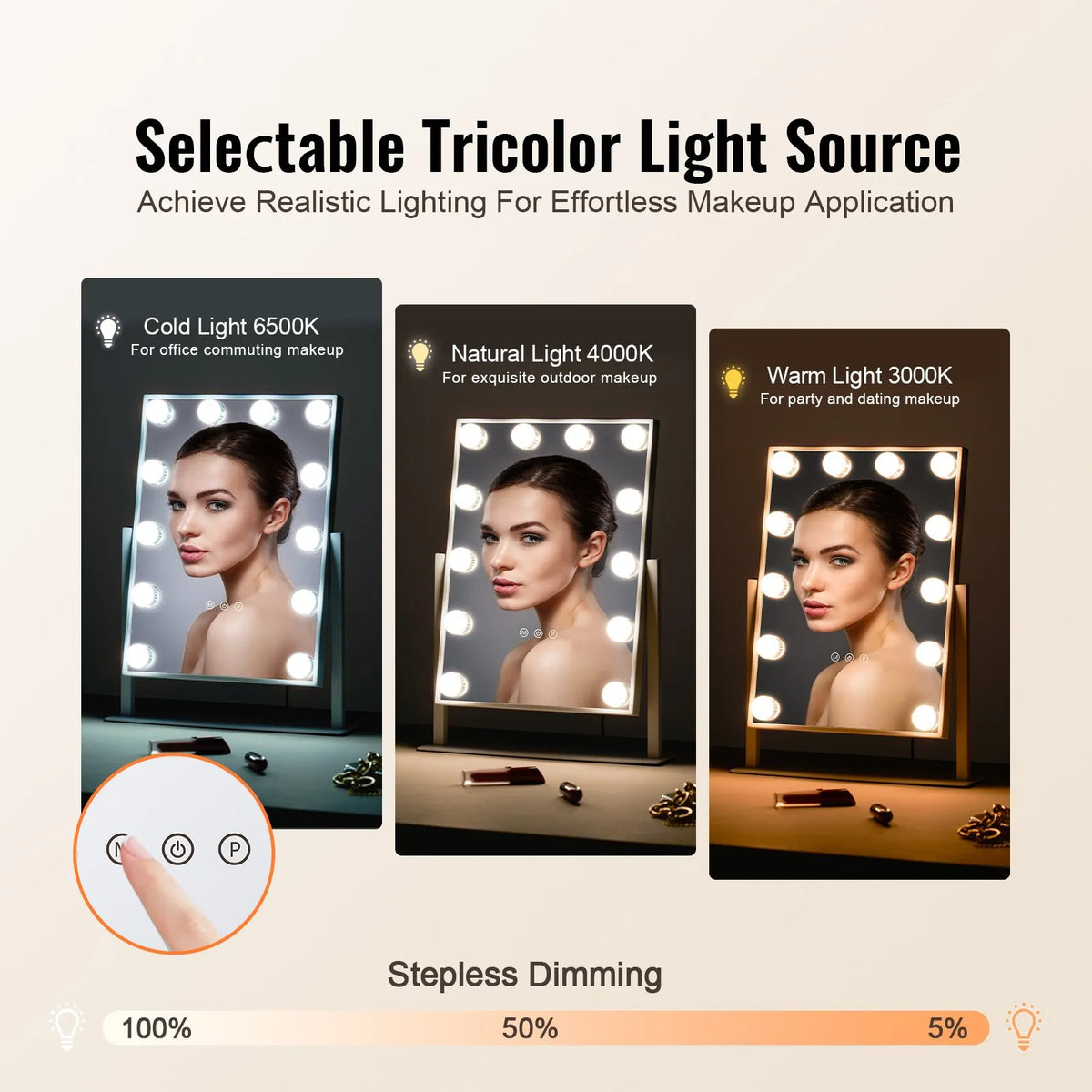 VEVOR Hollywood Makeup Mirror with Lighting, 12 Dimmable Bulbs and 3 Light Modes, with Detachable 5× Magnification, Touch Control and 360° Rotation (41 × 30 cm, White)