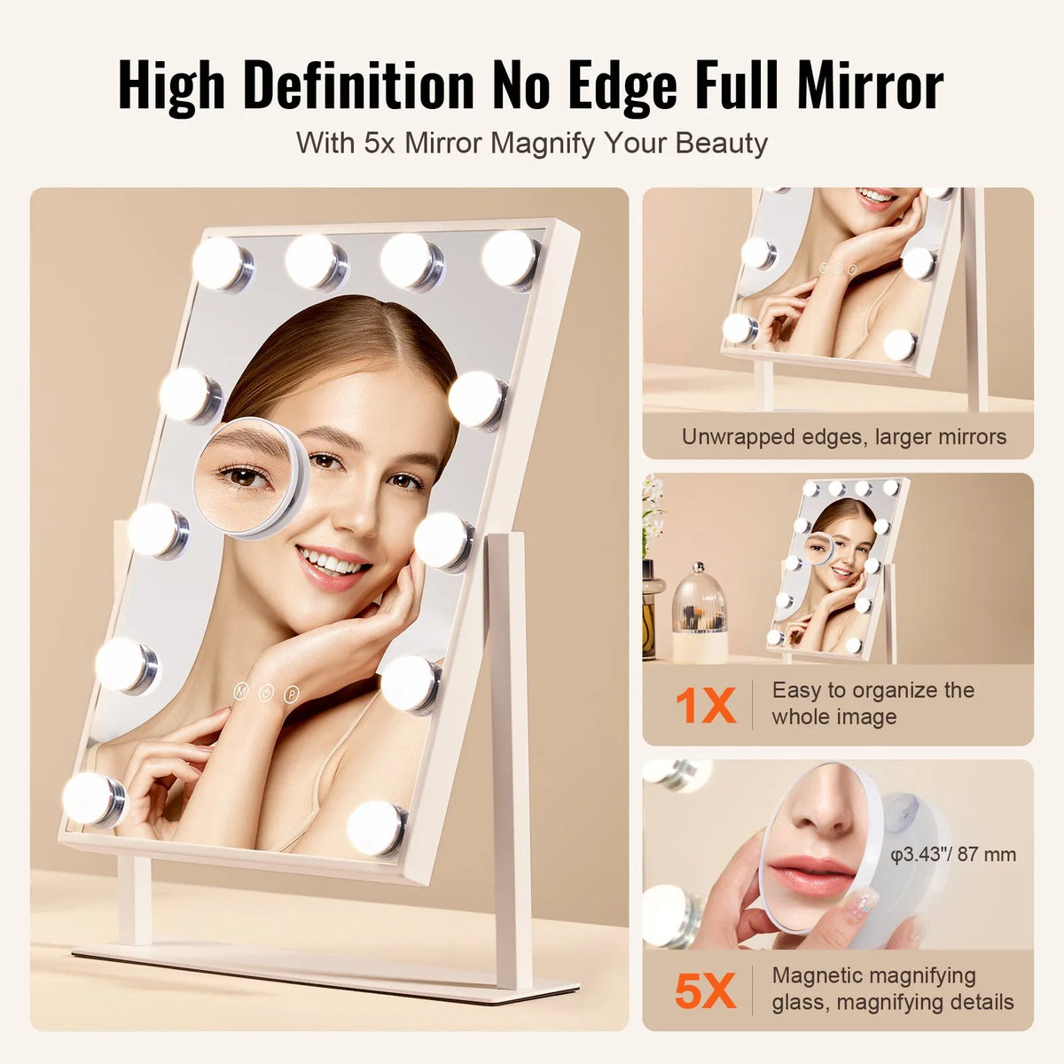 VEVOR Hollywood Makeup Mirror with Lighting, 12 Dimmable Bulbs and 3 Light Modes, with Detachable 5× Magnification, Touch Control and 360° Rotation (41 × 30 cm, White)