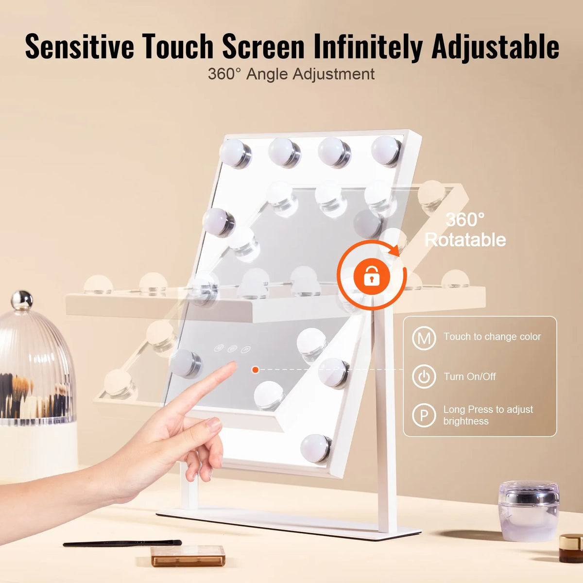 VEVOR Hollywood Makeup Mirror with Lighting, 12 Dimmable Bulbs and 3 Light Modes, with Detachable 5× Magnification, Touch Control and 360° Rotation (41 × 30 cm, White)