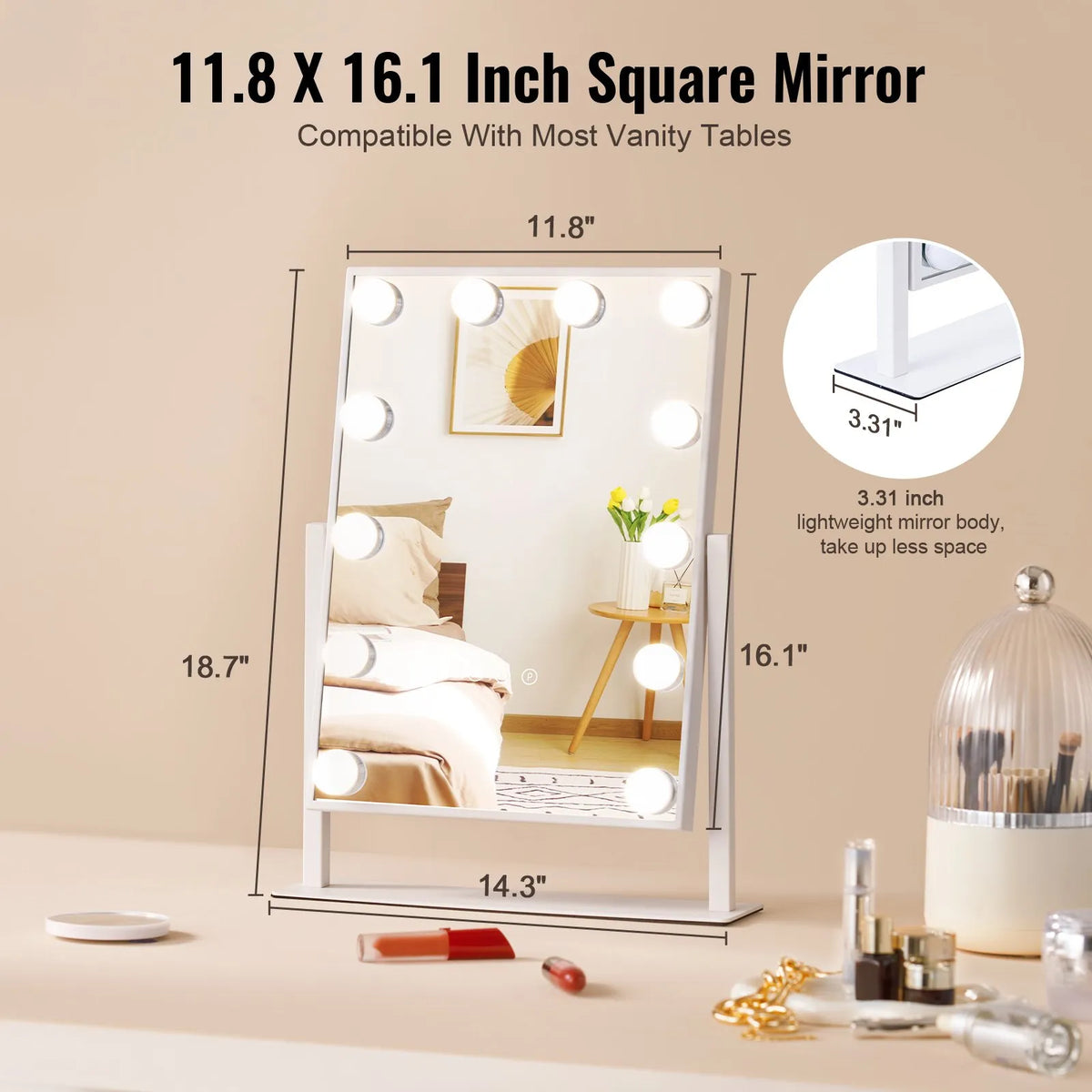 VEVOR Hollywood Makeup Mirror with Lighting, 12 Dimmable Bulbs and 3 Light Modes, with Detachable 5× Magnification, Touch Control and 360° Rotation (41 × 30 cm, White)