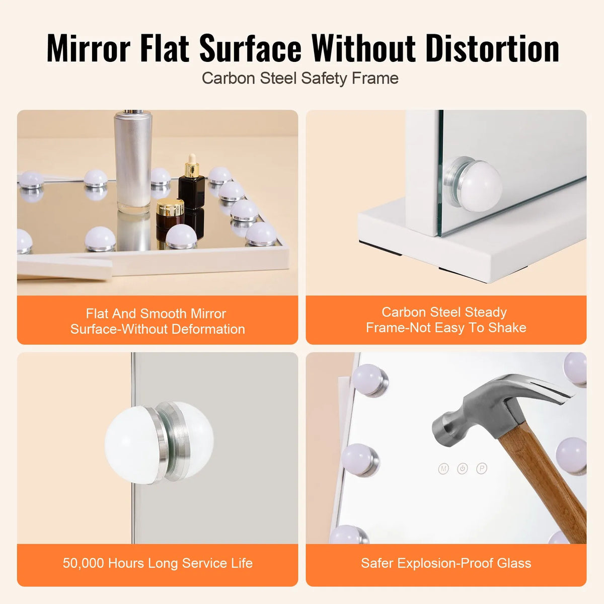 VEVOR Hollywood Makeup Mirror with Lighting, 12 Dimmable Bulbs and 3 Light Modes, with Detachable 5× Magnification, Touch Control and 360° Rotation (41 × 30 cm, White)