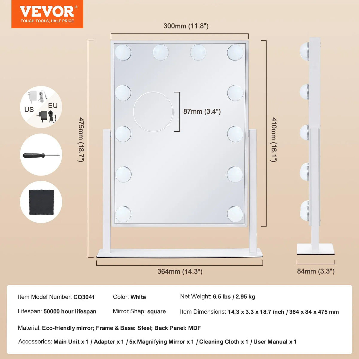 VEVOR Hollywood Makeup Mirror with Lighting, 12 Dimmable Bulbs and 3 Light Modes, with Detachable 5× Magnification, Touch Control and 360° Rotation (41 × 30 cm, White)