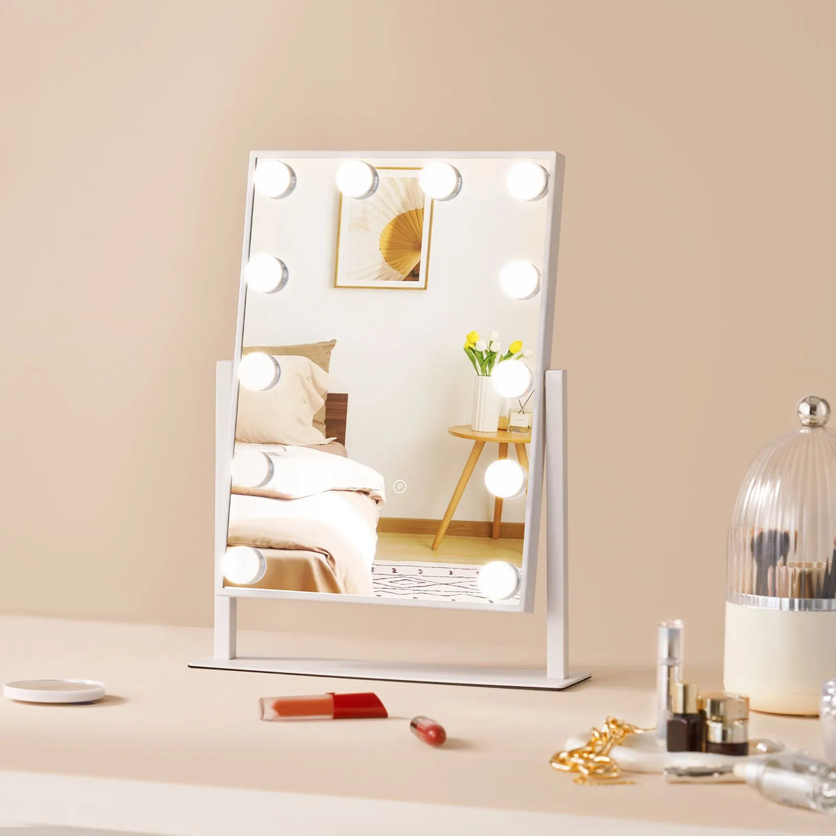 VEVOR Hollywood Makeup Mirror with Lighting, 12 Dimmable Bulbs and 3 Light Modes, with Detachable 5× Magnification, Touch Control and 360° Rotation (41 × 30 cm, White)