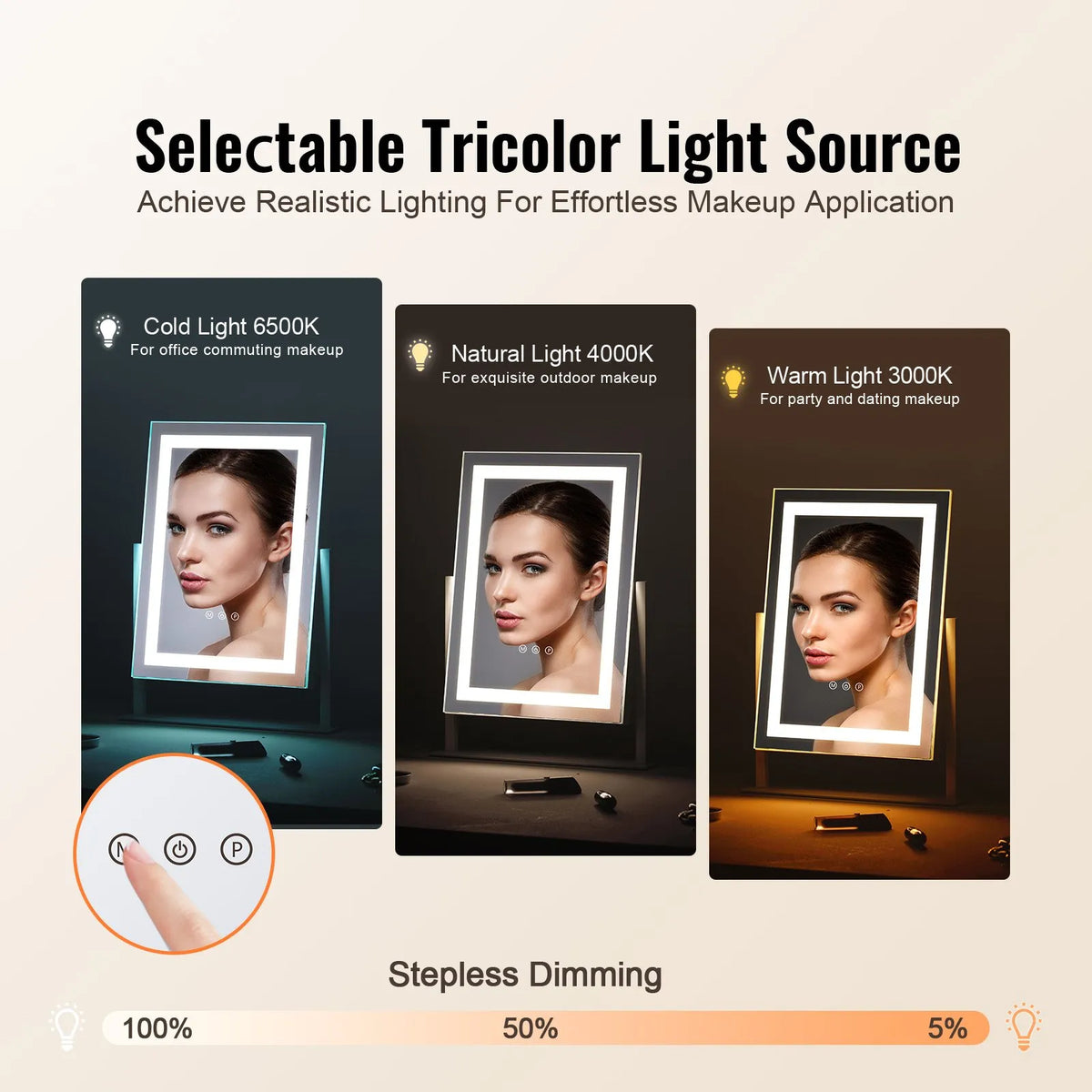 VEVOR LED Makeup Mirror with Lighting, 3 Light Modes, 5× Magnification Mirror, Touch Control and 360° Rotation (41 × 30 cm, White)