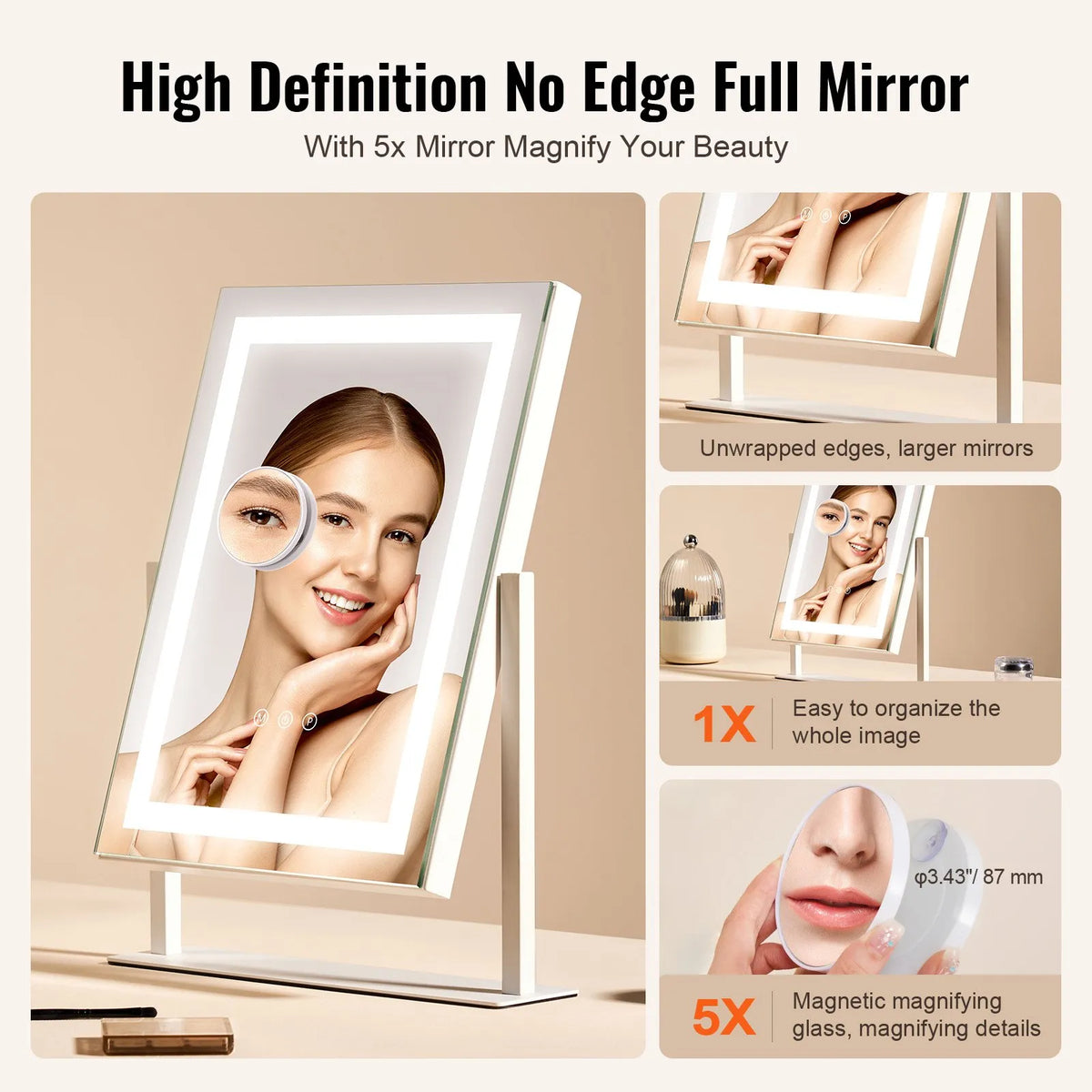 VEVOR LED Makeup Mirror with Lighting, 3 Light Modes, 5× Magnification Mirror, Touch Control and 360° Rotation (41 × 30 cm, White)