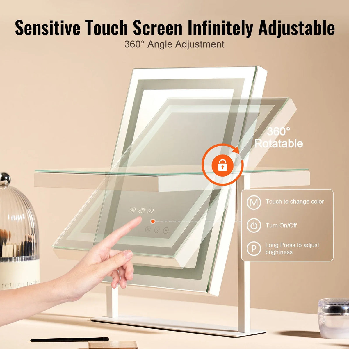 VEVOR LED Makeup Mirror with Lighting, 3 Light Modes, 5× Magnification Mirror, Touch Control and 360° Rotation (41 × 30 cm, White)
