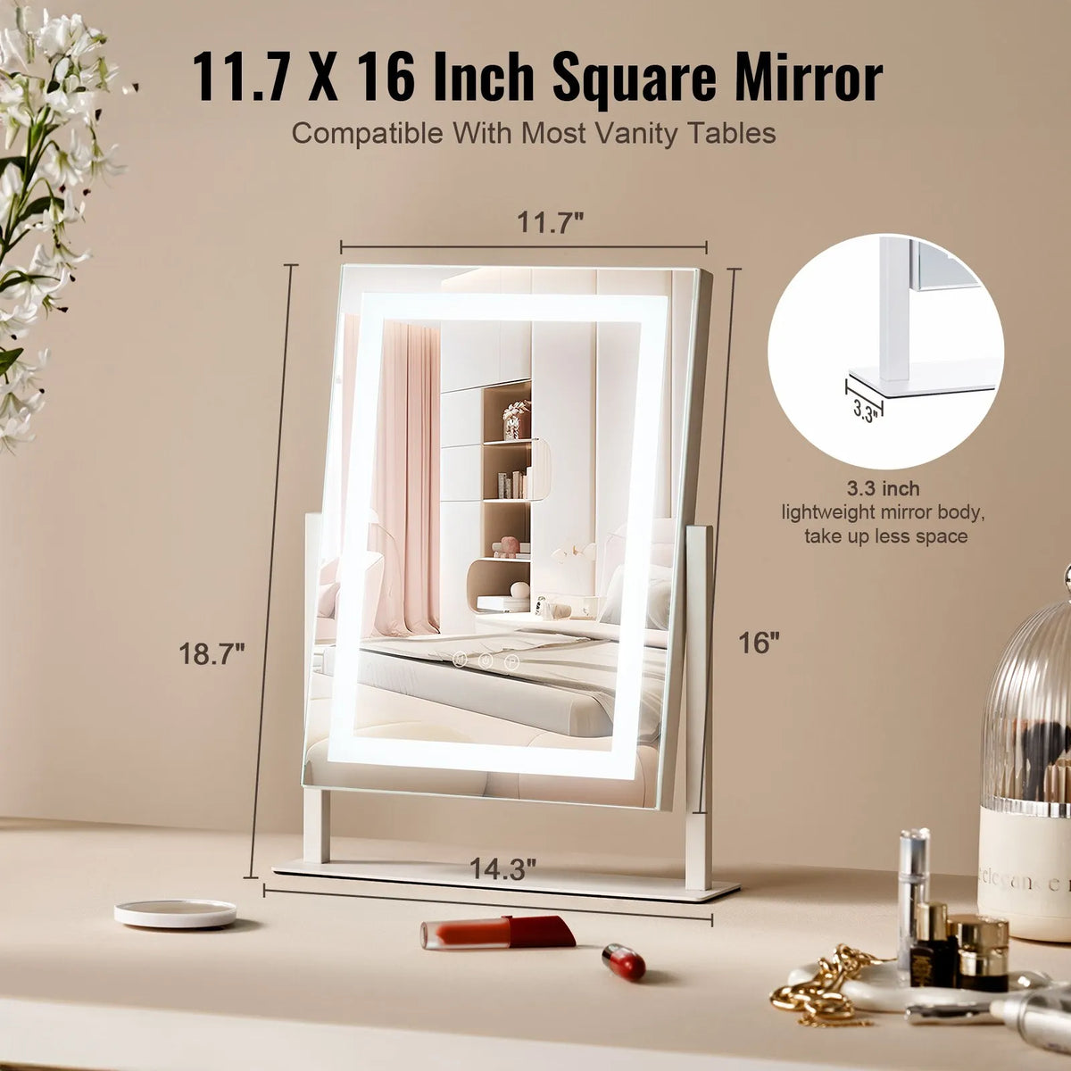 VEVOR LED Makeup Mirror with Lighting, 3 Light Modes, 5× Magnification Mirror, Touch Control and 360° Rotation (41 × 30 cm, White)