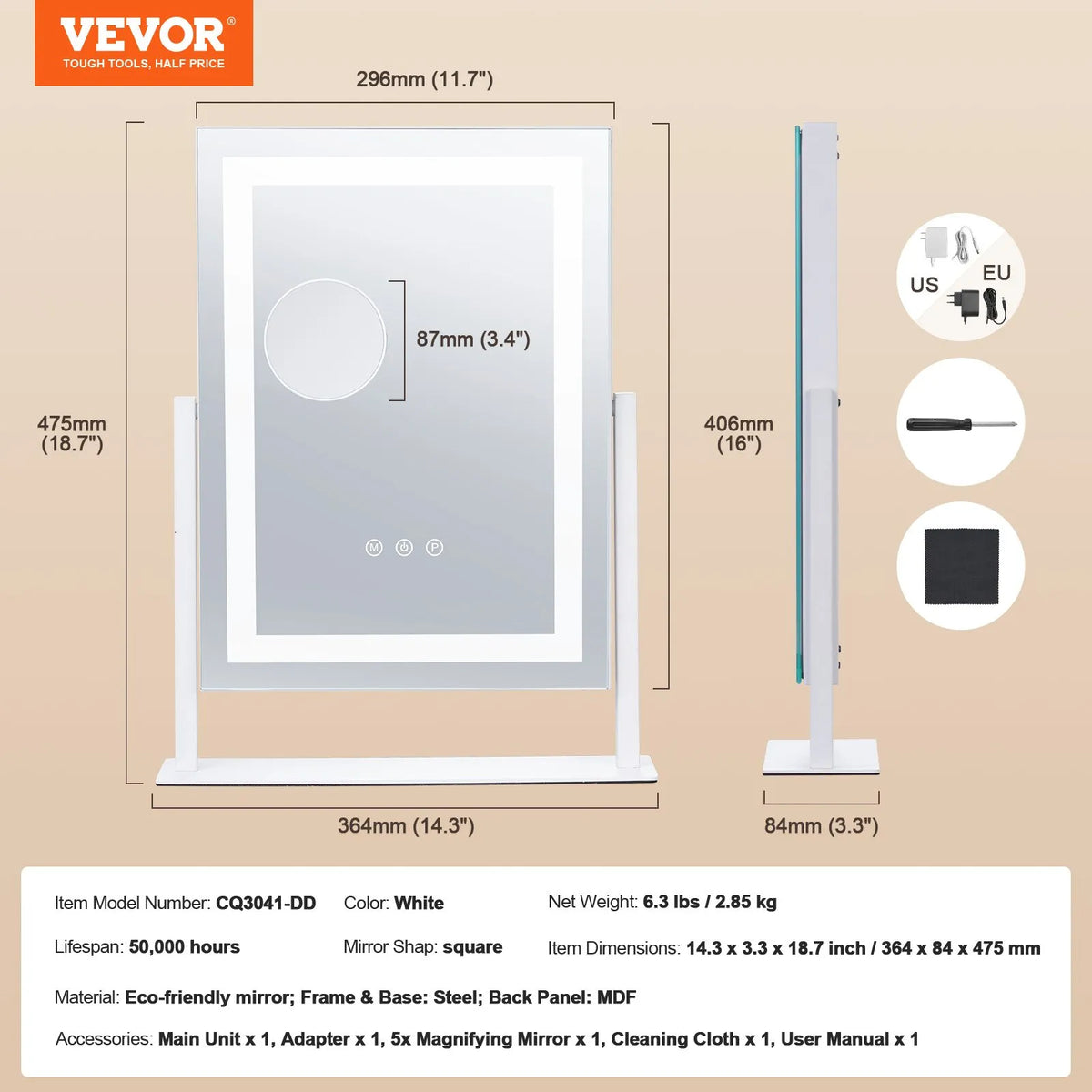 VEVOR LED Makeup Mirror with Lighting, 3 Light Modes, 5× Magnification Mirror, Touch Control and 360° Rotation (41 × 30 cm, White)