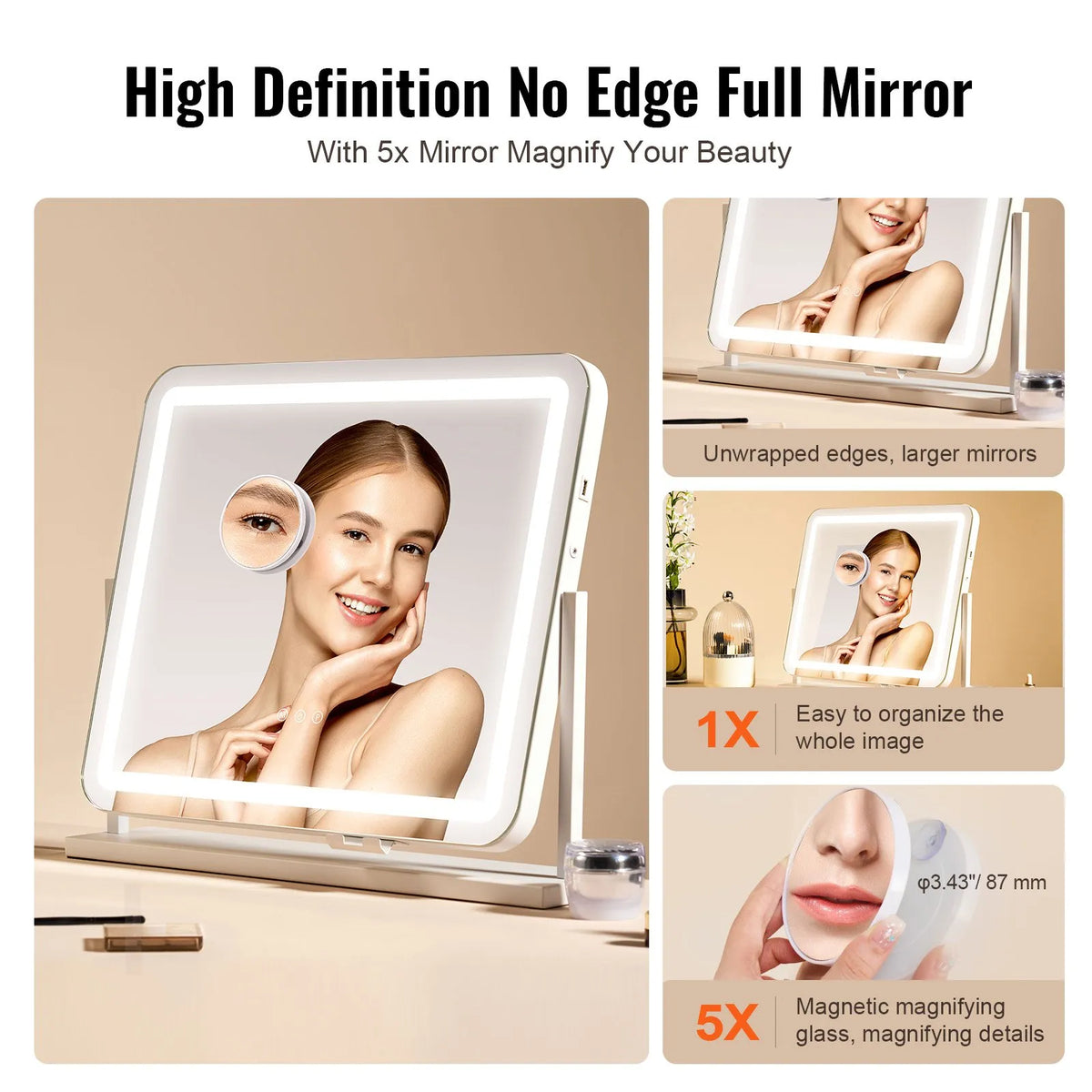 VEVOR LED Makeup Mirror with Lighting, 3 Light Modes, 5× Magnification, USB Port, Touch Control and 360° Rotation (55 × 45 cm, White)