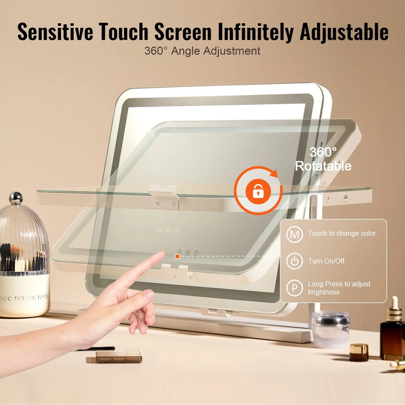VEVOR LED grima spogulis ar apgaismojumu, 3 gaismas režīmiem, 5× palielinājumu, USB pieslēgvietu, skārienvadību un 360° rotāciju (55 × 45 cm, balts)
