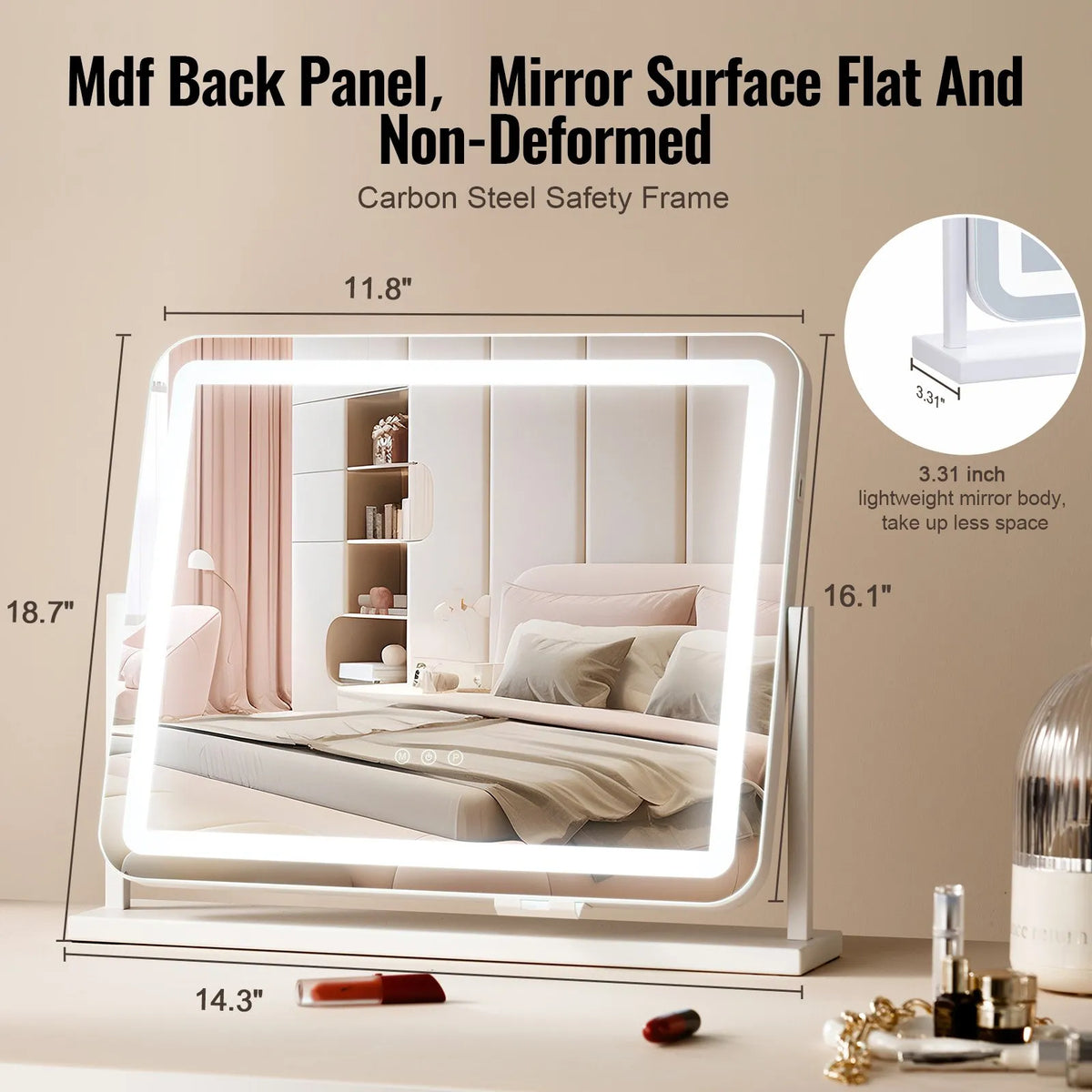 VEVOR LED Makeup Mirror with Lighting, 3 Light Modes, 5× Magnification, USB Port, Touch Control and 360° Rotation (55 × 45 cm, White)